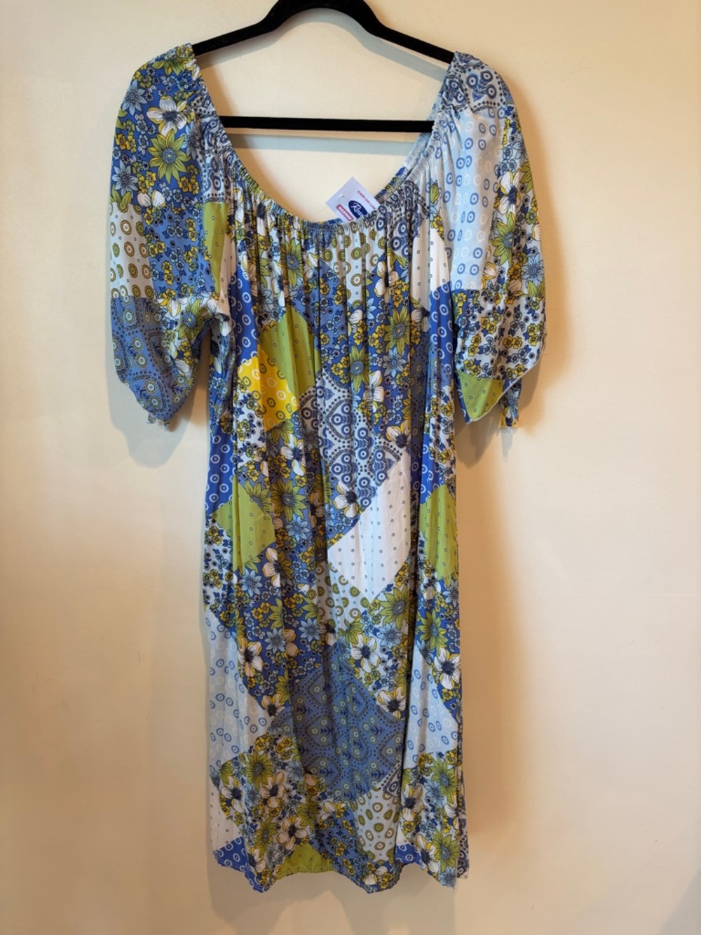 Boho Patchwork Midi Dress in Blue & Green